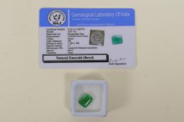 A 3.60ct natural emerald, rectangular step cut, colour enhanced, certified by Gemological Laboratory