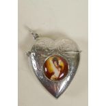 A heart shaped 925 marked silver vesta case with applied cold enamel plaque, 1¾"