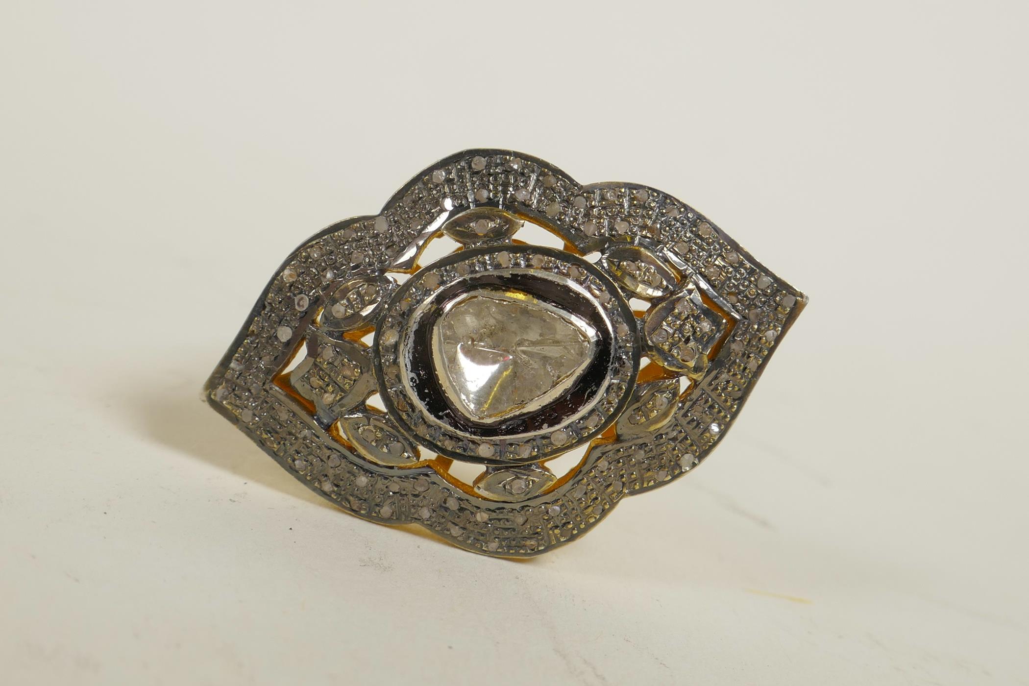 A silver gilt dress ring of diamond form, set with uncut diamonds - Image 2 of 3
