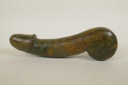 A large carved marbled green hardstone phallic ornament, 11" long