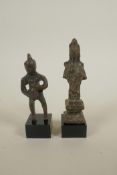 A Chinese bronze archaic figure of Quan Yin, and another, 4½" high