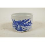 A Chinese blue and white porcelain cylinder censer decorated with a riverside landscape, 6 character