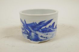A Chinese blue and white porcelain cylinder censer decorated with a riverside landscape, 6 character