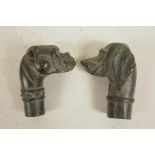 Two bronze walking stick handles cast as dogs' heads, 3" long