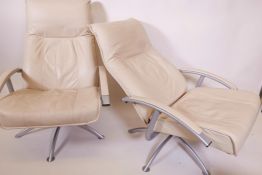 A pair of contemporary reclining leather and tubular metal reclining chairs and matching footstools