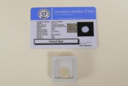 A 2.95ct natural Australian opal cushion cabochon, certified by Gemological Laboratory of India,