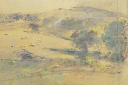 Arthur E Davies, remote hillside with grazing sheep, pencil and watercolour, signed and dated