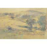 Arthur E Davies, remote hillside with grazing sheep, pencil and watercolour, signed and dated