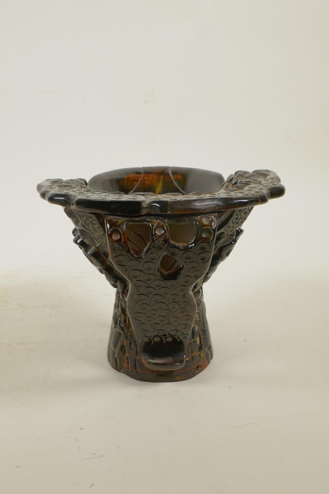 A Chinese sectional horn libation cup with carved decoration of figures in a forest, 4½" high x - Image 4 of 4