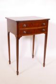 A Victorian inlaid mahogany bowfront side table with two drawers, raised on square tapering