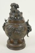 A Japanese bronze censer and cover, the body with applied decoration of birds and two floral