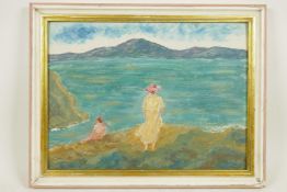 Figures in a coastal inlet, inscribed verso 'Iona', oil on canvas board, 11½" x 15½"