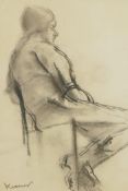 Portrait of a seated lady, signed Kramer, charcoal drawing, together with a pair of unframed sepia