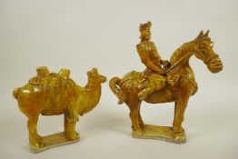 A Chinese treacle glazed porcelain figure of a warrior on horseback, 8¼" high, A/F, together with