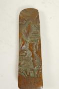 A Chinese bronze seal, the side cast as a landscape scene, 3¾" long