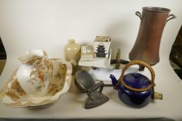 A set of brass and enamelled dairy scales with ceramic pan complete with other kitchenalia to