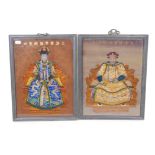 Two Chinese glass paintings of an emperor and empress wearing fine robes and seated on thrones,