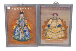 Two Chinese glass paintings of an emperor and empress wearing fine robes and seated on thrones,