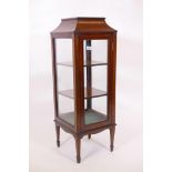 An Edwardian inlaid mahogany square section vitrine with single door on square tapered supports,