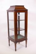 An Edwardian inlaid mahogany square section vitrine with single door on square tapered supports,