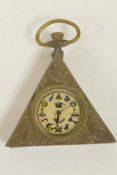 A triangular pendant watch decorated with Masonic symbols, 2½" long