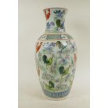 A Chinese famille verte porcelain vase decorated with cockerels in bright enamels, 6 character