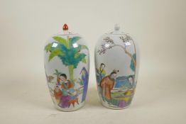 A pair of Chinese Republic porcelain jar and covers with famille verte decoration of women and