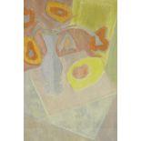 Abstract still life with vase of flowers, indistinctly signed and dated 1946, wood cut print with