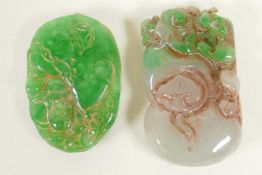 Two carved jade pendants, 2" long