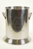 A plated two handled champagne bucket engraved Louis Roederer, 10" high, 7" diameter