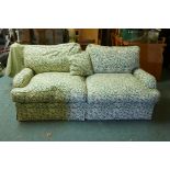 A two seater sofa bed with cream and green bamboo leaf pattern upholstery