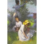 After Gaston la Touche, ladies taking shade beneath a tree, French impressionist style oil on board,