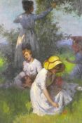 After Gaston la Touche, ladies taking shade beneath a tree, French impressionist style oil on board,