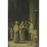 Figures in a Gothic interior, antique charcoal drawing, (RA stamped paper), 25" x 19"