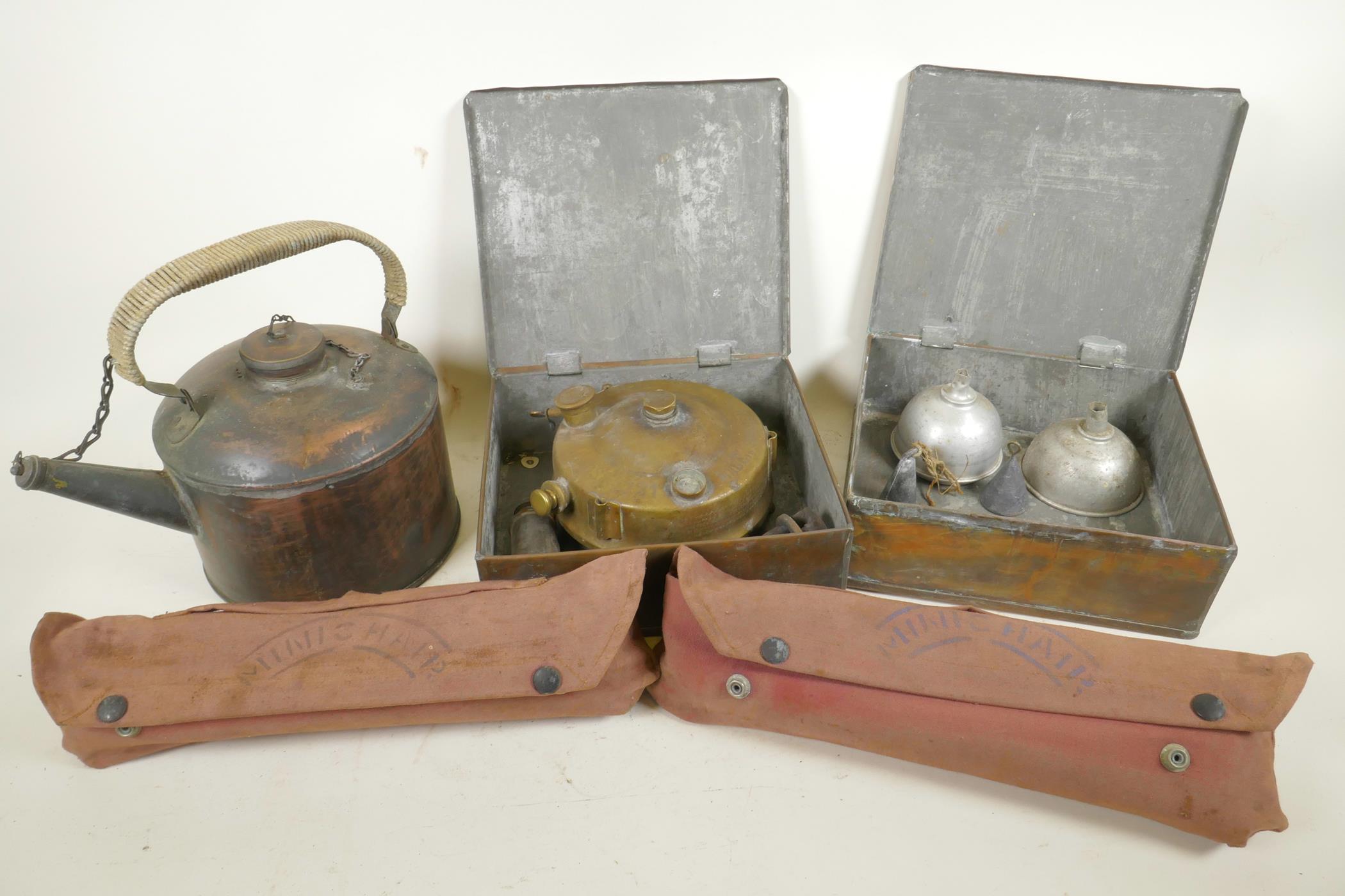 Vintage camping equipment including a boxed Primus no.221 brass stove (incomplete), two 'Mini Chair'