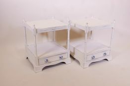 A pair of painted bedside tables with single drawers and turned supports, 18" x 18", 22½" high