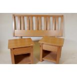 A pair of blond maple wood bedside tables, and a matching bedhead, bedhead 57" wide