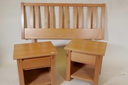 A pair of blond maple wood bedside tables, and a matching bedhead, bedhead 57" wide