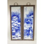 A pair of Chinese Republic blue and white porcelain panels depicting a riverside village, in