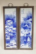 A pair of Chinese Republic blue and white porcelain panels depicting a riverside village, in