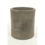 A Chinese iron brush pot engraved with figures and animals in a continuous landscape, 4" high, 4