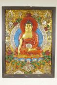 A Sino-Tibetan painted composition panel depicting a Buddhist thangka, 22" x 29½", A/F