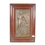 A late C19th Pre-Raphaelite/Art Nouveau bronze bas relief framed panel, featuring Diana, classical