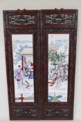 Two Chinese ceramic wall plaques decorated with women and children in garden scenes, mounted in