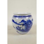 A Chinese blue and white porcelain pot decorated with a riverside landscape, 6 character mark to