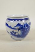 A Chinese blue and white porcelain pot decorated with a riverside landscape, 6 character mark to