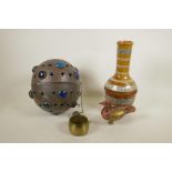 A small collection of Islamic items to include a copper and blown glass ceiling lantern, a turned