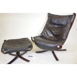 A leather and bentwood low back 'Falcon' sling chair and footstool, after Sigurd Ressell