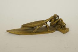 A Chinese bronze figure group of a praying mantis and cicada, 7½" long
