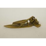 A Chinese bronze figure group of a praying mantis and cicada, 7½" long